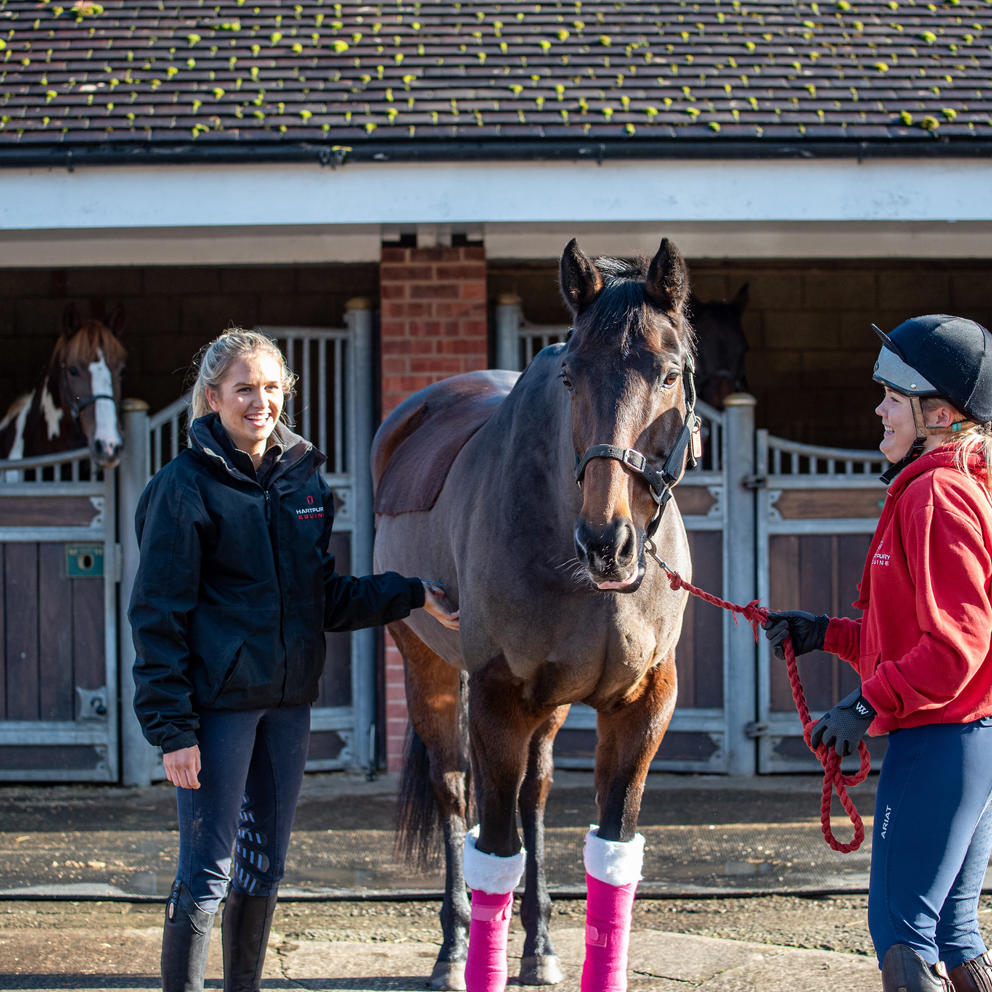 Two students with a horse in the Equine Yard