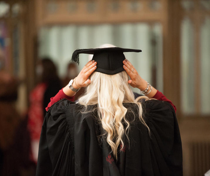 Graduation Female Student Adjusting Hat