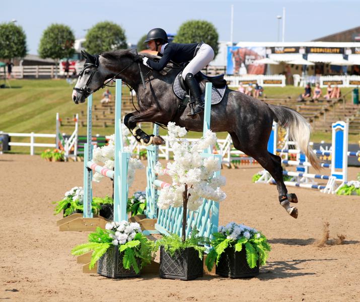 Faye Adams Jumping A Grey Horse