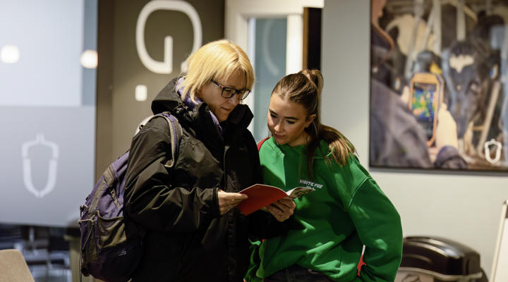 Visitors Reviewing A Mini Guide Booklet